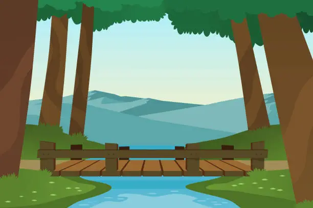 Vector illustration of Small wooden bridge in the forest with small river and mountains. Vector illustration.