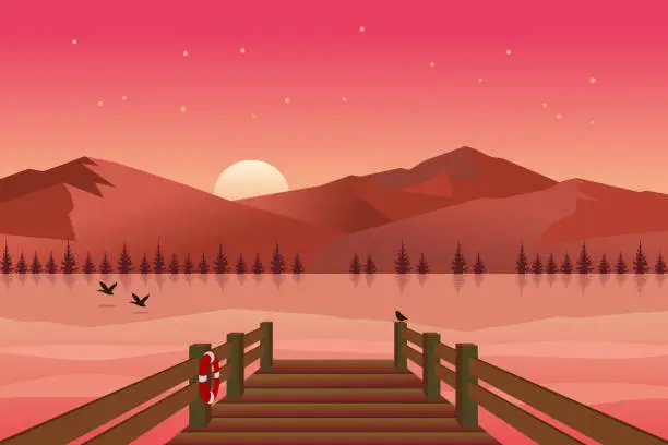 Vector illustration of Seashore wooden pier with lake and mountains at sunset. Vector illustration.