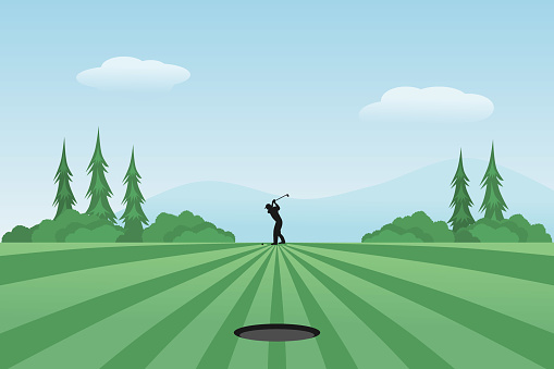 Golf course vector illustration with golf player or golfer. Outdoor Sport.