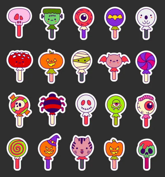 Vector illustration of Halloween funny lollipop. Sticker Bookmark. Sweet candies on stick. Hand drawn style. Vector drawing. Collection of design elements.