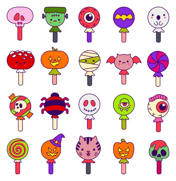 Vector illustration of Halloween funny lollipop. Sweet candies on stick. Hand drawn style. Vector drawing. Collection of design elements.