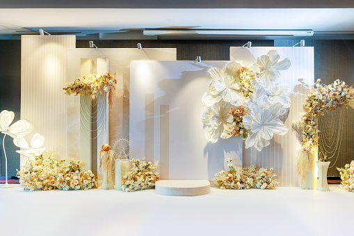 The event party setup features a modern and elegant backdrop setting, creating a stylish and sophisticated atmosphere.