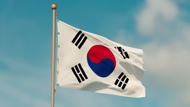 Flag of Korea, looped and seamless. Fabric texture, realistic wind, bottom view. Close-up.