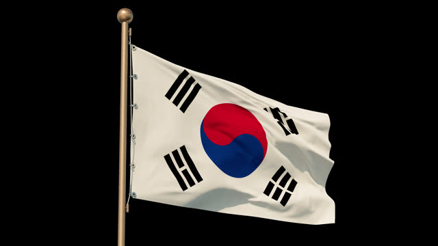 Flag of Korea, seamless loopable. Fabric texture, realistic wind, bottom view. Close-up. Alpha Channel.