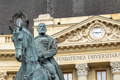 Bucharest, Romania: Statue of King Carol I in Bucharest, Calea Victoriei in front of the National Library building.