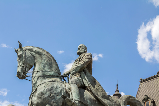 Bucharest, Romania: Statue of King Carol I in Bucharest, Calea Victoriei in front of the National Library building.