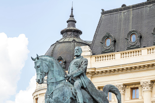 Bucharest, Romania: Statue of King Carol I in Bucharest, Calea Victoriei in front of the National Library building.