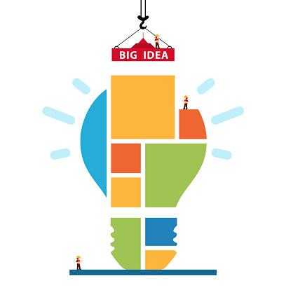 Big idea. Glowing light bulb on white background. light bulb is constructed from blocks by a crane. Concept ideas or insight. Vector illustration.