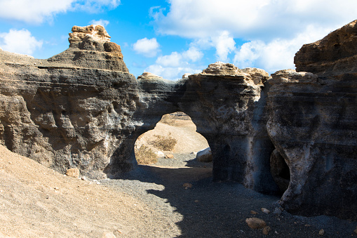Panorama view of the most unique rock formations in Lanzarote. Called Stratified City or  Antigua rofera de Teseguite. Canary Islands, Spain, Europe.