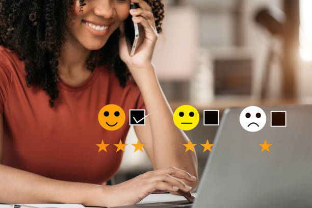 istock Happy Client customer experience concept. Woman recording phone inquiry with checkboxes, smiling face rating excellent for satisfaction survey. 1869817739