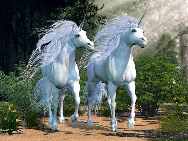 istock Two majestic unicorns in an enchanted forest  186981776