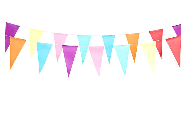 istock Line of colorful party flags 186981832