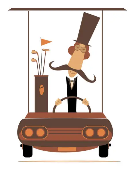 Vector illustration of Man in the top hat on the golf cart car goes to play golf