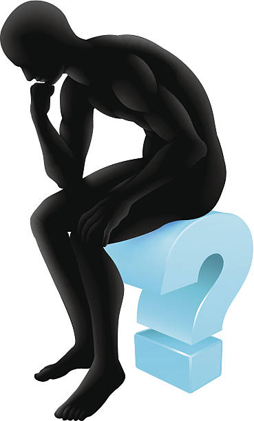 Thinking on question mark silhouette Silhouette man on a question mark icon in thinking in a thinker pose. Concept for any questioning or psychology, poetry or philosophy. question mark people one person silhouette stock illustrations