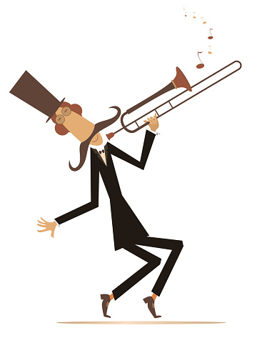 Mustache man in the top hat playing trombone. Black on white illustration