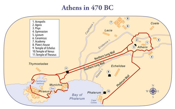 City plan of ancient Athens Map of ancient Athens with the major sites and the long Walls major cities stock illustrations