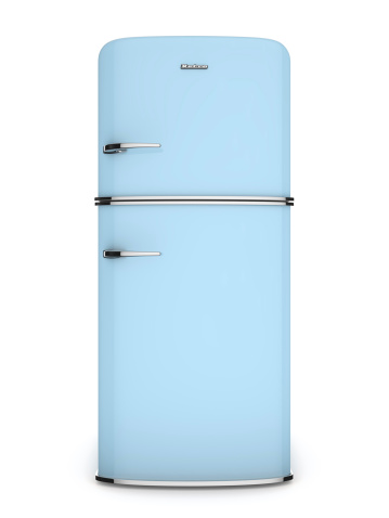 3d render of a blue retro refrigerator. Front view. Isolated in white