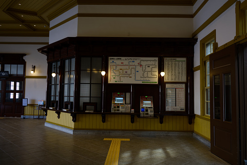 Mojiko, Kitakyushu, Japan - December 8, 2022: The interior of Mojiko JR station at Mojiko Retro Town in Kitakyushu, Japan