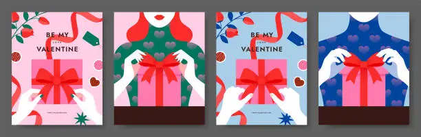 Vector illustration of Valentine's Day background. Valentine present concept banner first person top view. Hands unpacking box, Decorative red bow. Social media, Poster. Gift giving. Modern style. Flat vector illustration.