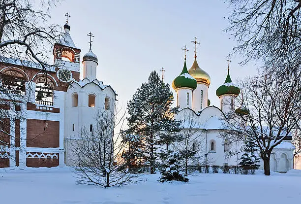 Transfiguration Cathedral and belfry in monastery of Saint Euthymius in Suzdal, Russia