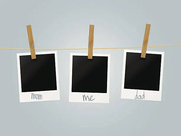 Vector illustration of vector clothes pegs hanging blank photo frames - family concept