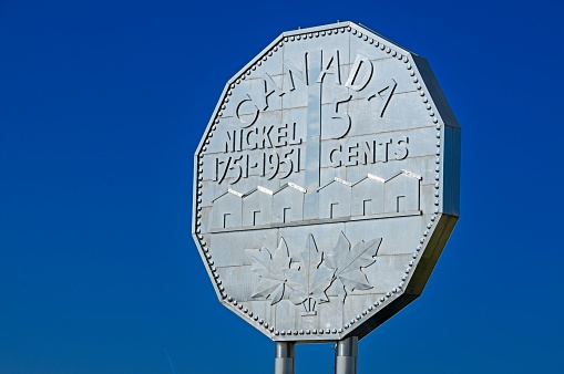 Image is intended for editorial use -  Giant Nickel Monument at the Sudbury, Ontario, Canada Nickel Mine