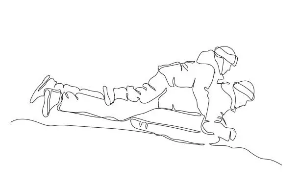 Vector illustration of Father and son tubing down the hill. Side view. Snowy winter activity. Continuous line drawing. Black and white vector illustration in line art style.