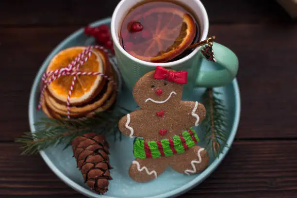 Photo of A Christmas tree with toys and a hot cup of orange tea. The Gingerbread Man