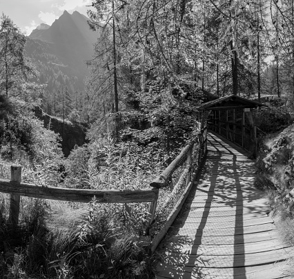 The wooden foot bridge in  Valsesia valley near Riffigio Pastore chalent - Italy.