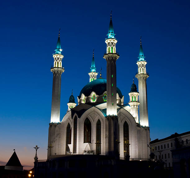 Qol Sharif mosque at night inside town fortress Kremlin in Kazan, capital of republic Tatarstan in Russia, Kremlin fortress in Kazan has been designated by UNESCO as World Heritage Site.
