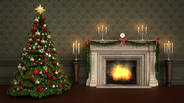 Cosy vintage winter holiday scene with Christmas tree next to open fire place, burning fire and candles. 3D animation.
