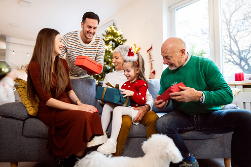 During the Christmas celebration, cheerful multi-generational family exchanging Christmas and New Year presents