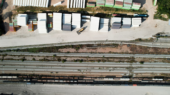 Top view of cargo container and train transportation