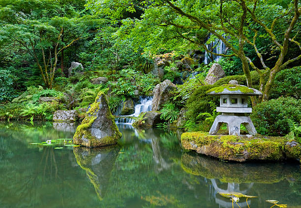 Portland Japanese Garden Waterfall in Portland Japanese Garden japanese garden stock pictures, royalty-free photos & images