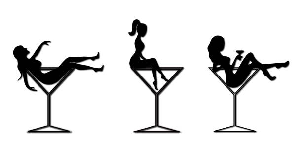 иконка из стекла мартини и силуэт девушки для бара или ночного клуба - bar women silhouette child stock illustrations