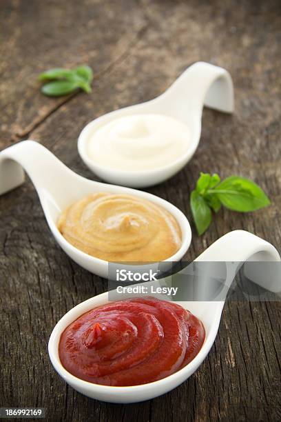 Assorted Sauces Mayonnaise Ketchup Mustard Stock Photo - Download Image Now - Backgrounds, Cream - Dairy Product, Elegance