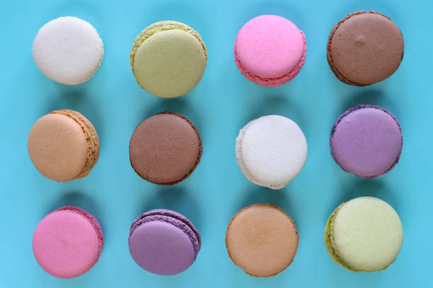 Full frame image of rows of multi coloured macarons filled with flavoured butter cream, strawberry, vanilla, blueberry, orange, pistachio, chocolate flavoured meringues on blue background, elevated view