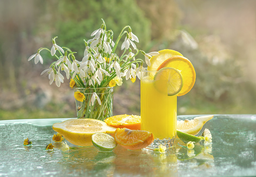 Orange juice, snowdrops and citrus fruits early in the morning on a sunny background. Diet food for weight loss, energy for the whole day and a good mood.