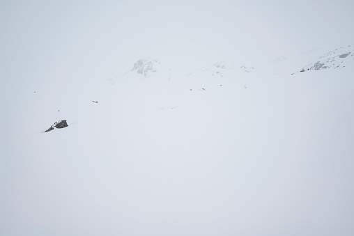 Heavy blizzard (simultaneously regular blizzard and ground blizzard) with strong winds (with frequent gusts), snowfall and low visibility in the mountains of Jotunheimen National Park of Norway during late winter (April).