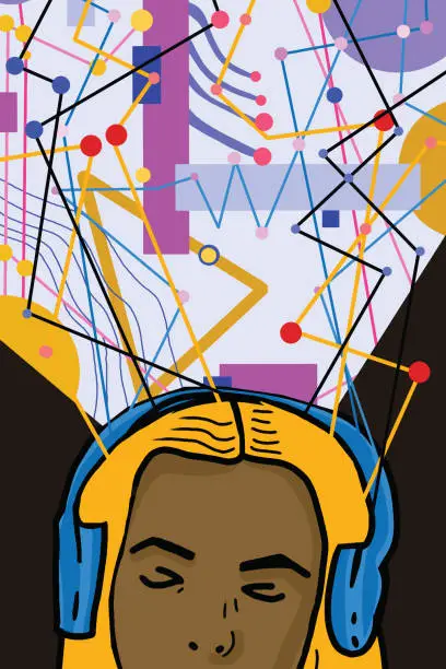 Vector illustration of Young girl is listening to music