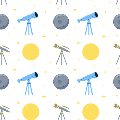 Seamless pattern of telescope, sun and moon. Illustration in a flat cartoon style for teaching children at school, children's room, wrapping paper. Vector illustration