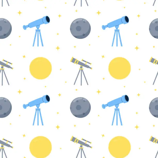 Vector illustration of Seamless pattern of telescope, sun and moon. Vector