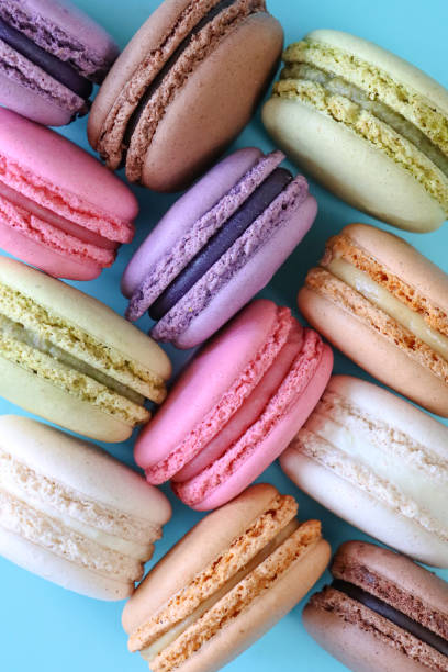 istock Close-up image of three columns of macarons on edge in herringbone pattern, multi coloured macarons filled with flavoured butter cream, chocolate, vanilla, blueberry, pistachio, orange, strawberry flavoured meringues, blue background, elevated view 1869939584