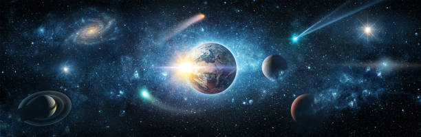 View from space to the planet Earth, galaxies, stars, comet, asteroid, meteorite, nebula, Saturn. Cosmic panorama of the universe. Space travel fantasy. Elements of this image furnished by NASA