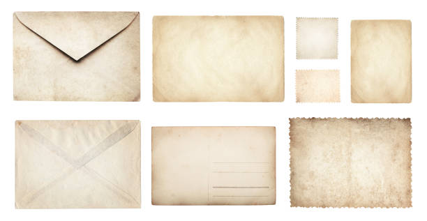 istock Ancient papers collection: letterhead, envelope, postcard, postage stamp, tag label, old paper blank isolated on white background. Retro style design. 1869948050