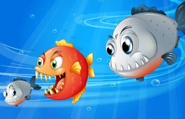 Vector illustration of Three scary fishes
