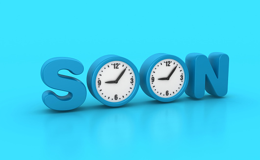 3D Word SOON with Clock - Color Background - 3D Rendering
