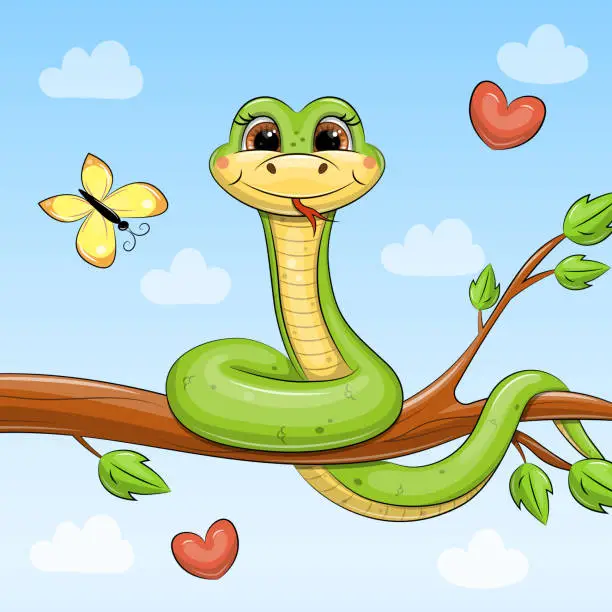 Vector illustration of Cute cartoon green snake on a tree.