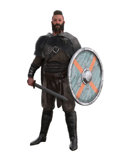 Viking barbarian warrior standing with sword and shield. Full body portrait 3D illustration.