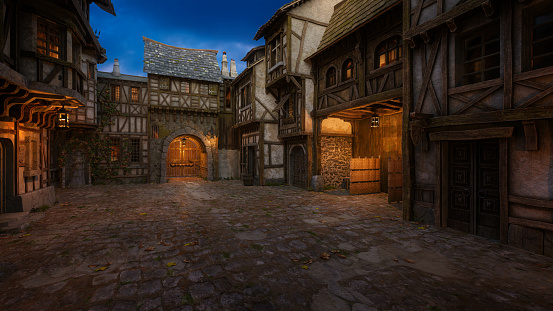 Fantasy medieval village street in the evening. 3D illustration.